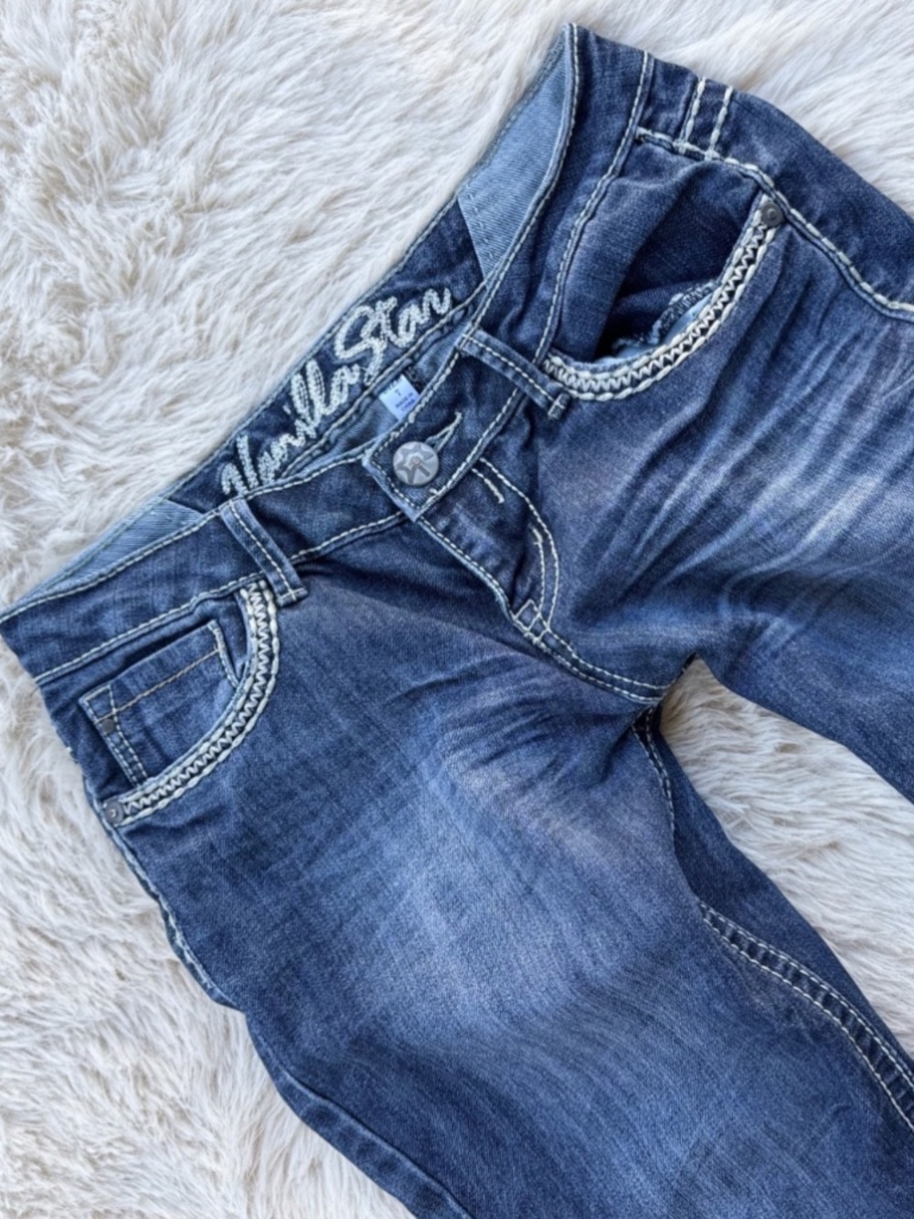Y2K Vanilla Star Low Rise Waist Flare Bootcut Vintage Medium Wash Women Denim